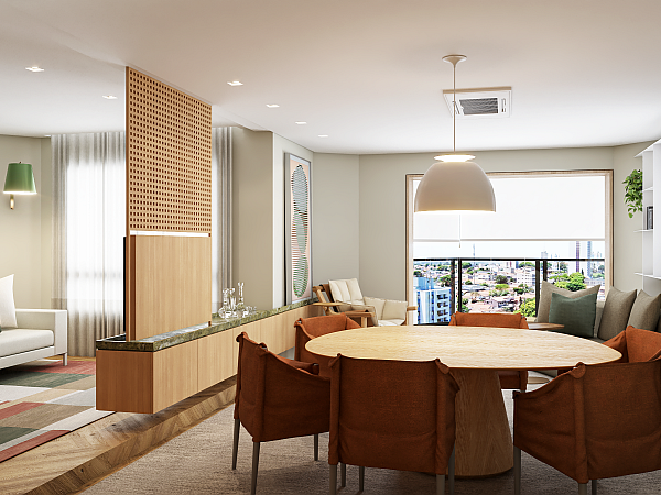 Sala de estar com estante metálica de plano de fundo, abraçando a sala de jantar e integrando-se ao terraço, em projeto arquitetônico na Vila Olímpia.