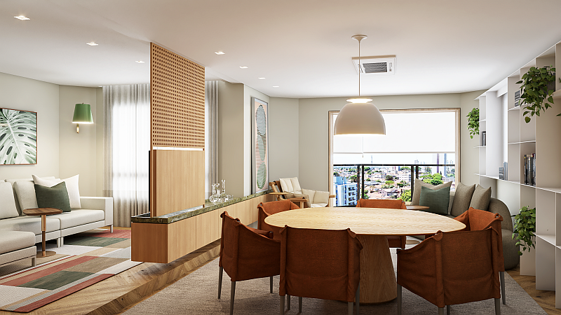 Sala de estar com estante metálica de plano de fundo, abraçando a sala de jantar e integrando-se ao terraço, em projeto arquitetônico na Vila Olímpia.