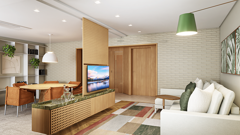 Home theater integrado à sala de jantar, com aparador suspenso e painel giratório para televisão, parte do projeto de modernização de apartamento na Vila Olímpia.