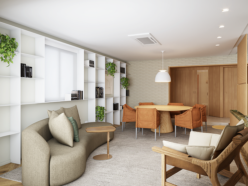Sala de jantar e estar reconfiguradas, integradas de forma inteligente para promover interação familiar, em projeto de arquiteta na Vila Olímpia.