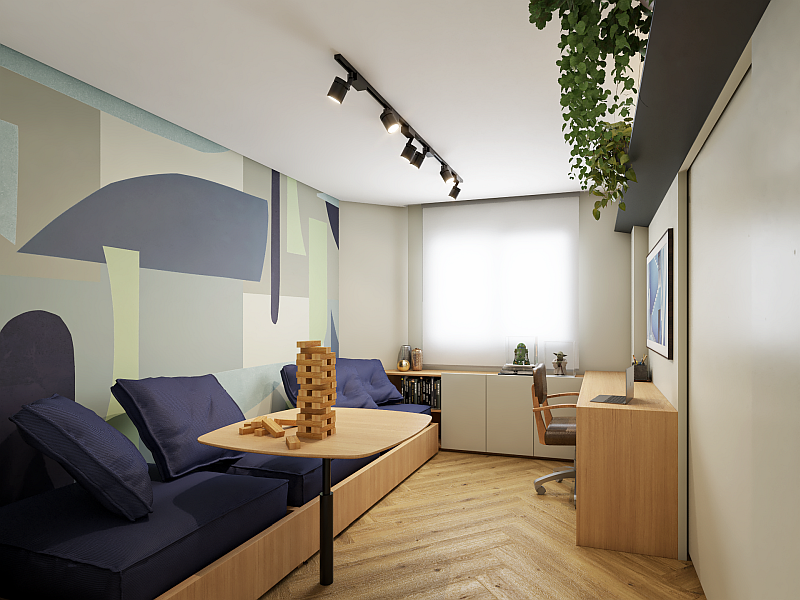 Quarto do filho com portas de correr, permitindo integração com espaço de brincadeiras e estudos, parte do projeto de renovação de apartamento na Vila Olímpia.