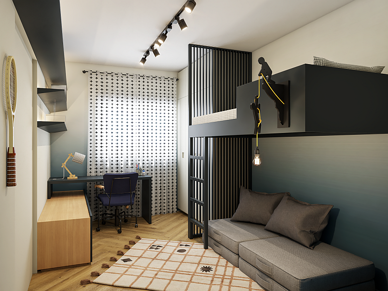 Quarto do filho com portas de correr, permitindo integração com espaço de brincadeiras e estudos, parte do projeto de renovação de apartamento na Vila Olímpia.