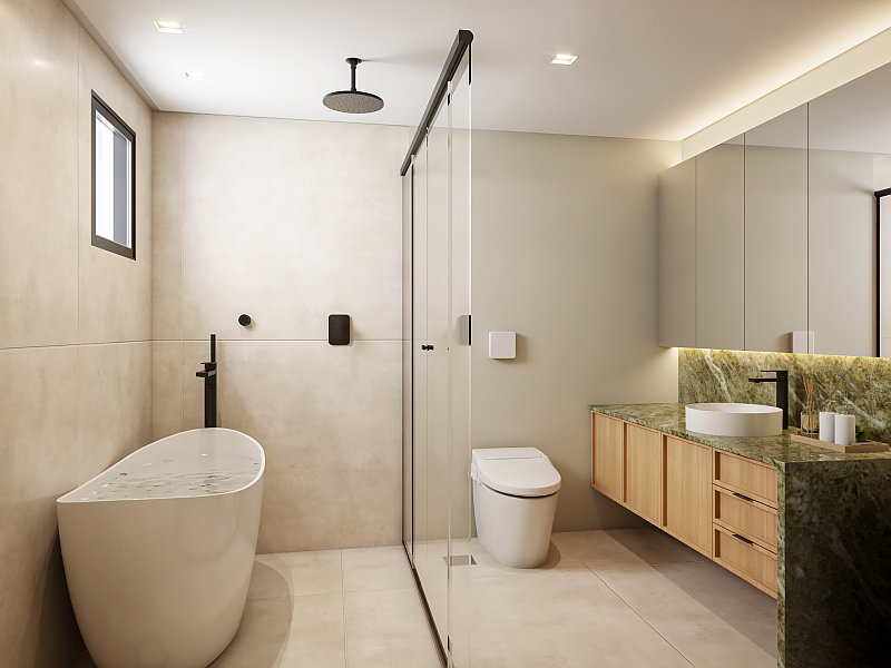 Banho máster com luxuosa banheira free standing, atendendo ao pedido especial do filho do cliente, em projeto de arquitetura residencial na Vila Olímpia.