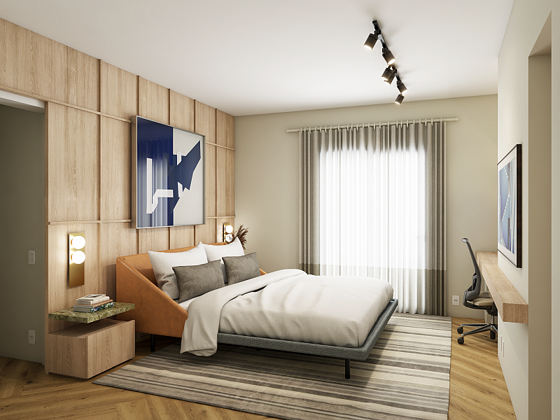 Suíte com painel em madeira e espaço para home office, projetada pela arquiteta na Vila Olímpia para atender às necessidades de uma família moderna.