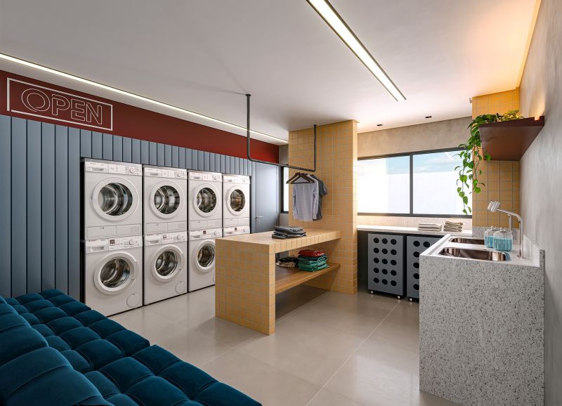 Projeto para incoporação. Interiores para áreas comuns. Arquiteta Marcela Wandenkolk. Escritório de arquitetura MWARQ. Lavanderia. Arquitetura incorporação incorporadora.