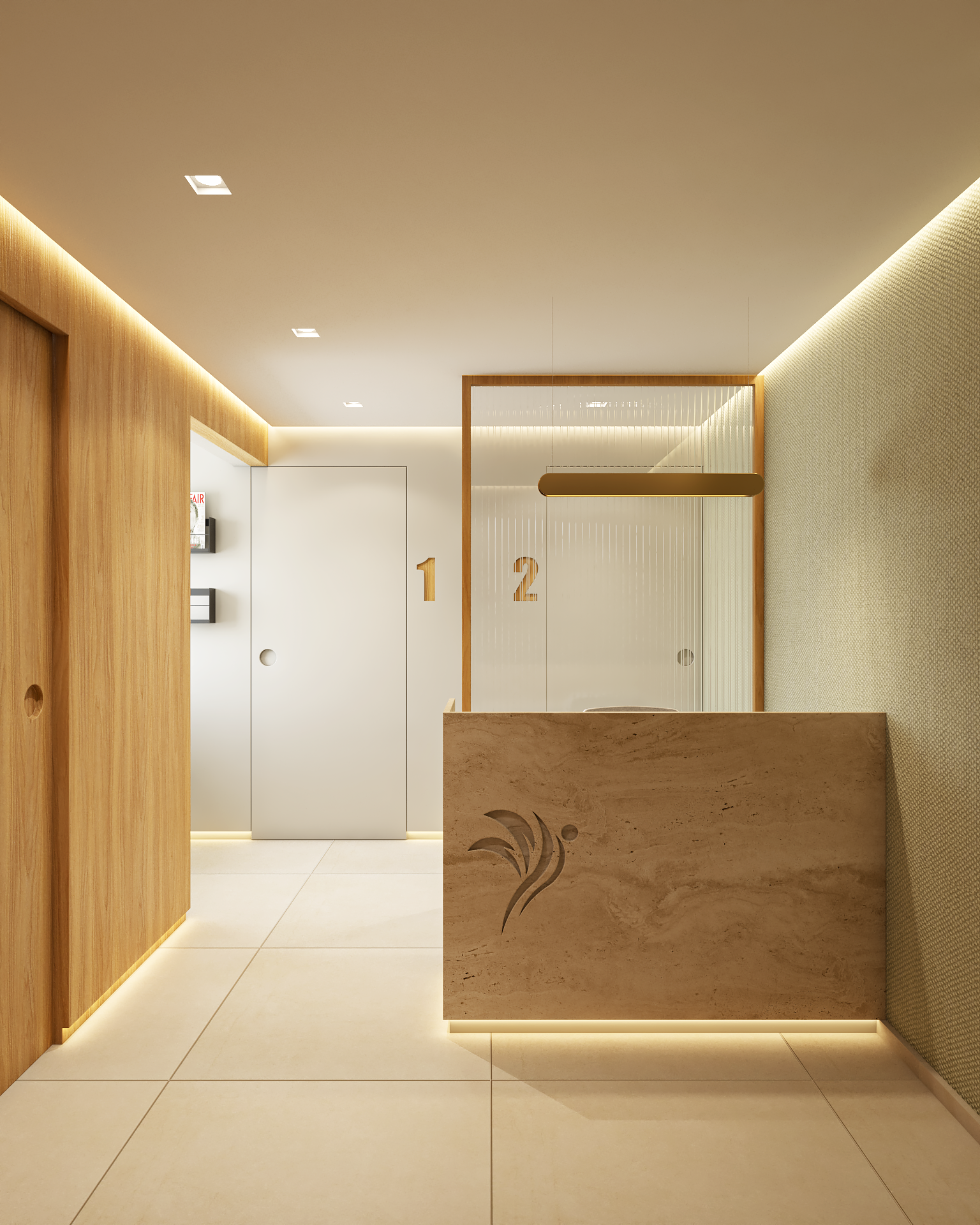 recepção de consultório médico com projeto de arquitetura contemporâneo e balcão em pedra natural iluminado.