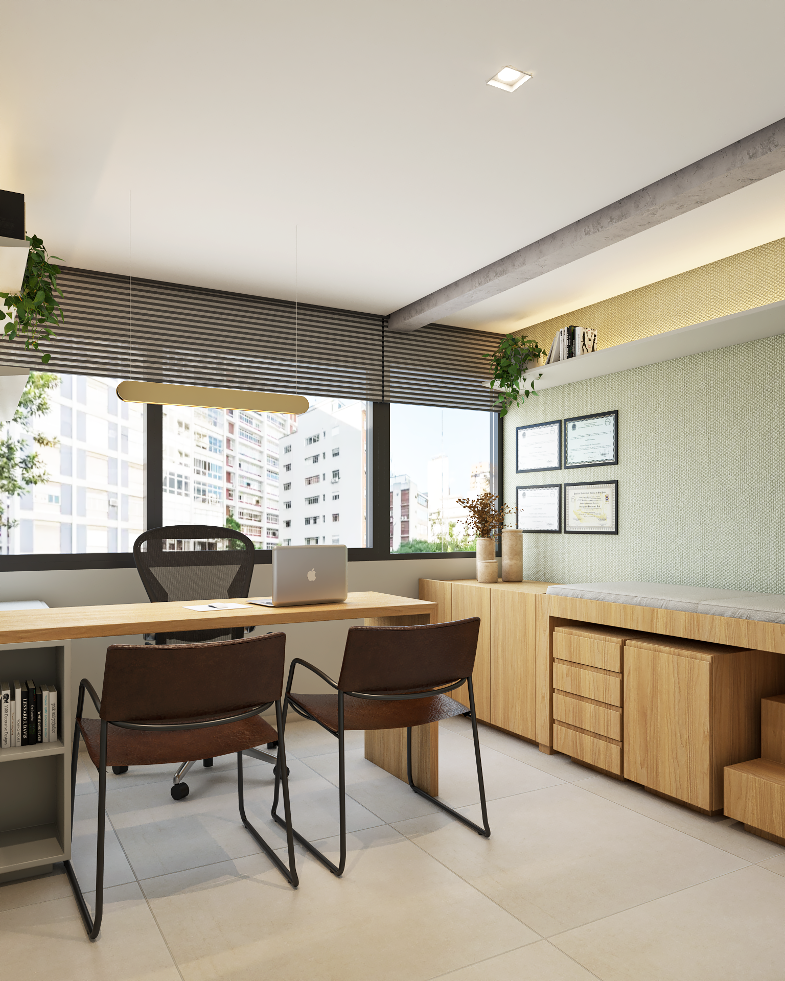 Consultório médico com bancada funcional, cadeira ergonômica e iluminação natural, projetado para conforto e eficiência. Projeto de arquitetura MWARQ