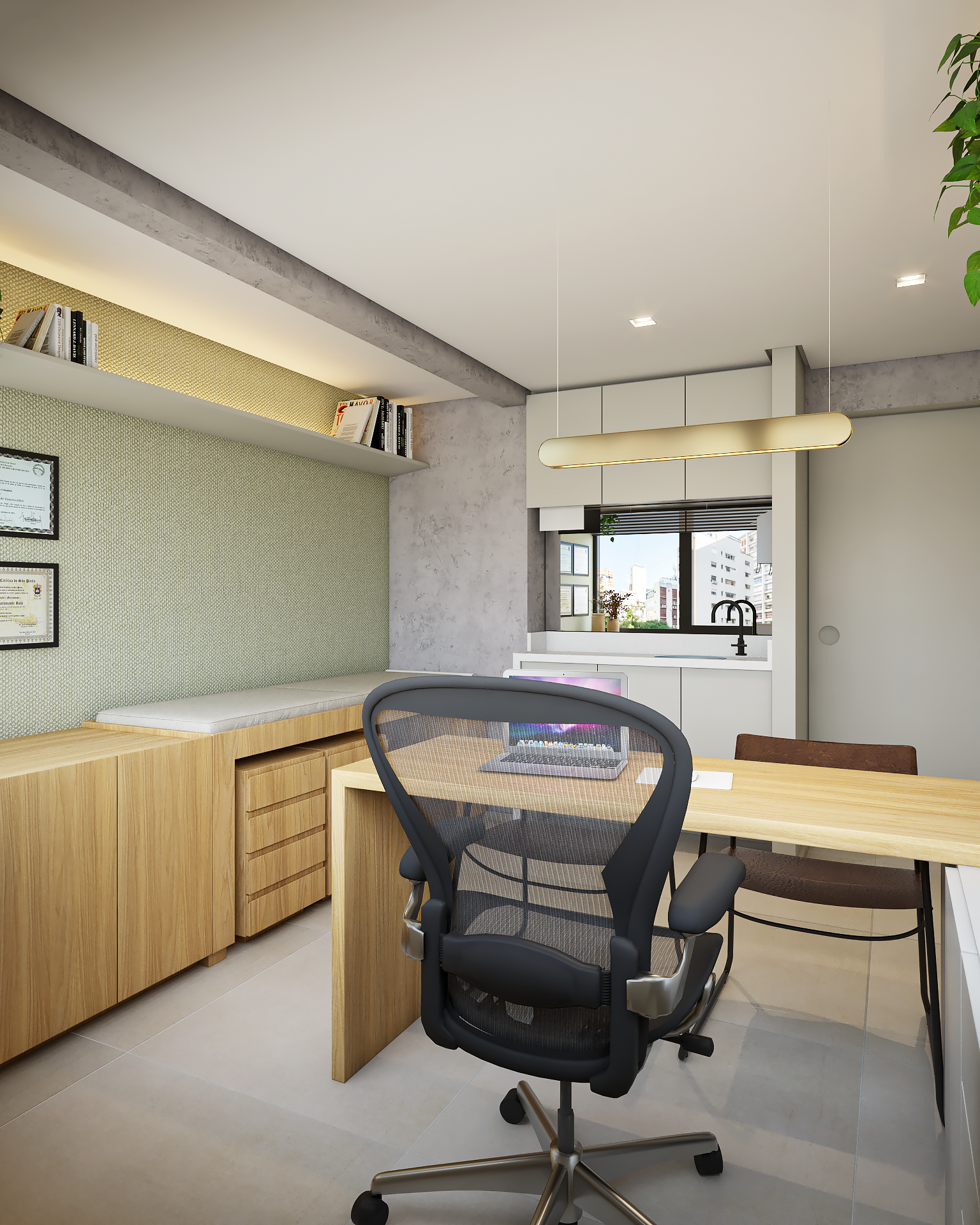 Sala de atendimento EM CONSULTÓRIO MÉDICO com vista para a cidade de São Paulo, mobiliário sob medida e decoração moderna. Projeto de arquitetura MWARQ.