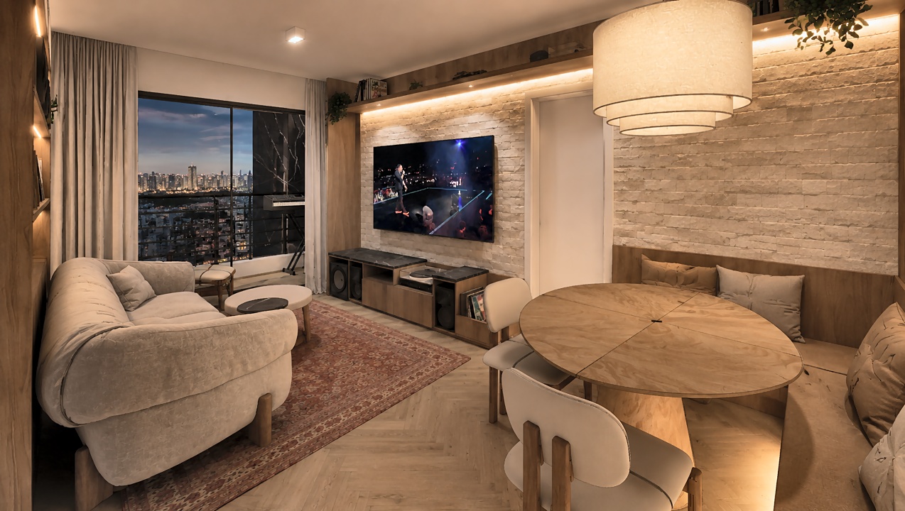 Living integrado com canto alemão em madeira, mesa redonda, rack com toca-discos e vista para Pinheiros, em apartamento no Aero Design by Pininfarina — projeto de arquitetura da MWARQ