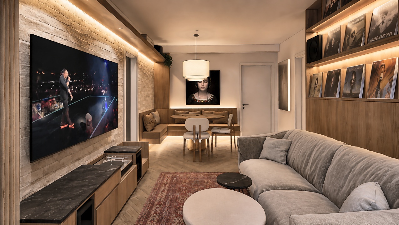 Sala de TV com parede de pedra, painel de madeira com coleção de vinis iluminada e sofá curvo em apartamento no Aero Design by Pininfarina, em Pinheiros — projeto de arquitetura da MWARQ