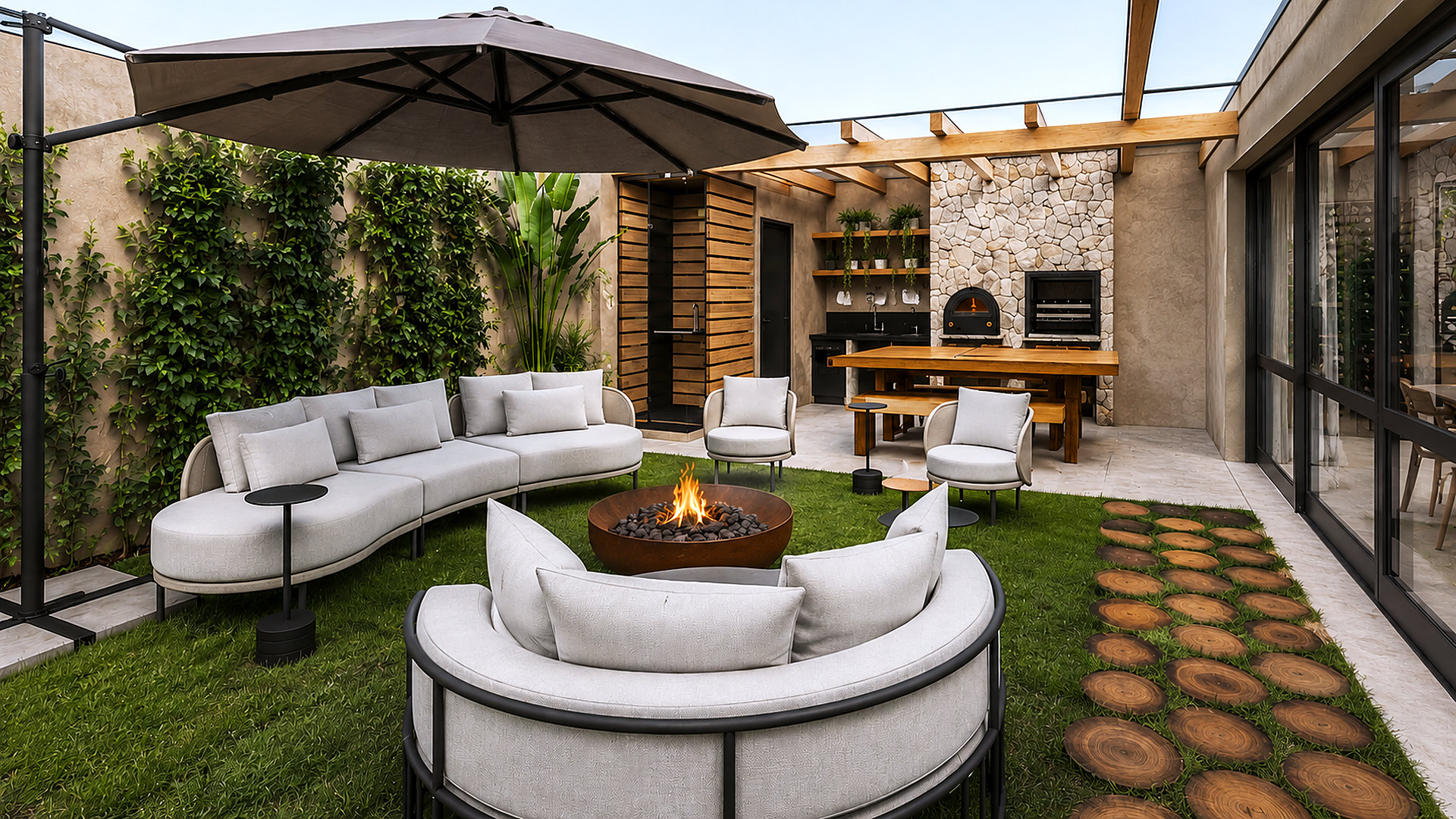 Área externa com lounge ao redor do fire pit, pergolado e espaço gourmet com forno e churrasqueira – projeto de casa em condomínio pela MWARQ