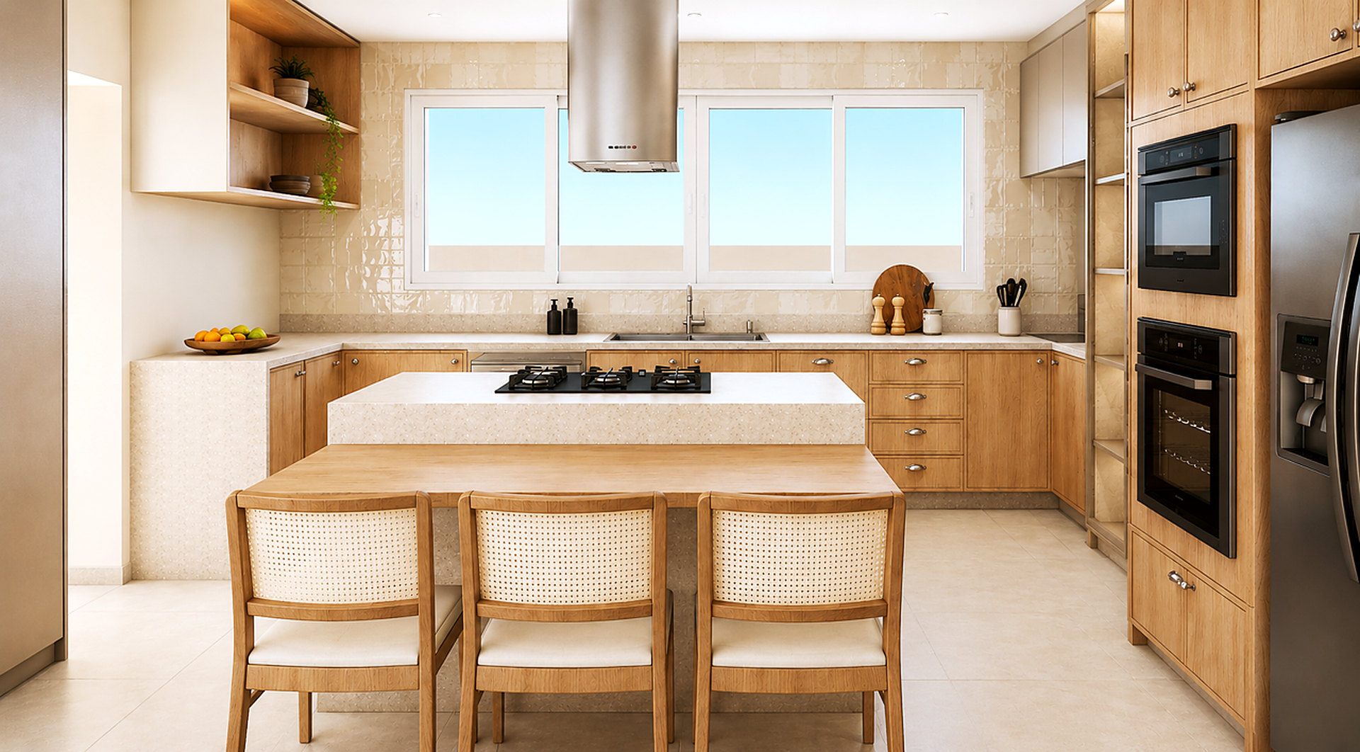 Cozinha com ilha de cocção, mesa integrada e marcenaria em madeira clara – projeto de casa em condomínio no Alto da Boa Vista pela MWARQ