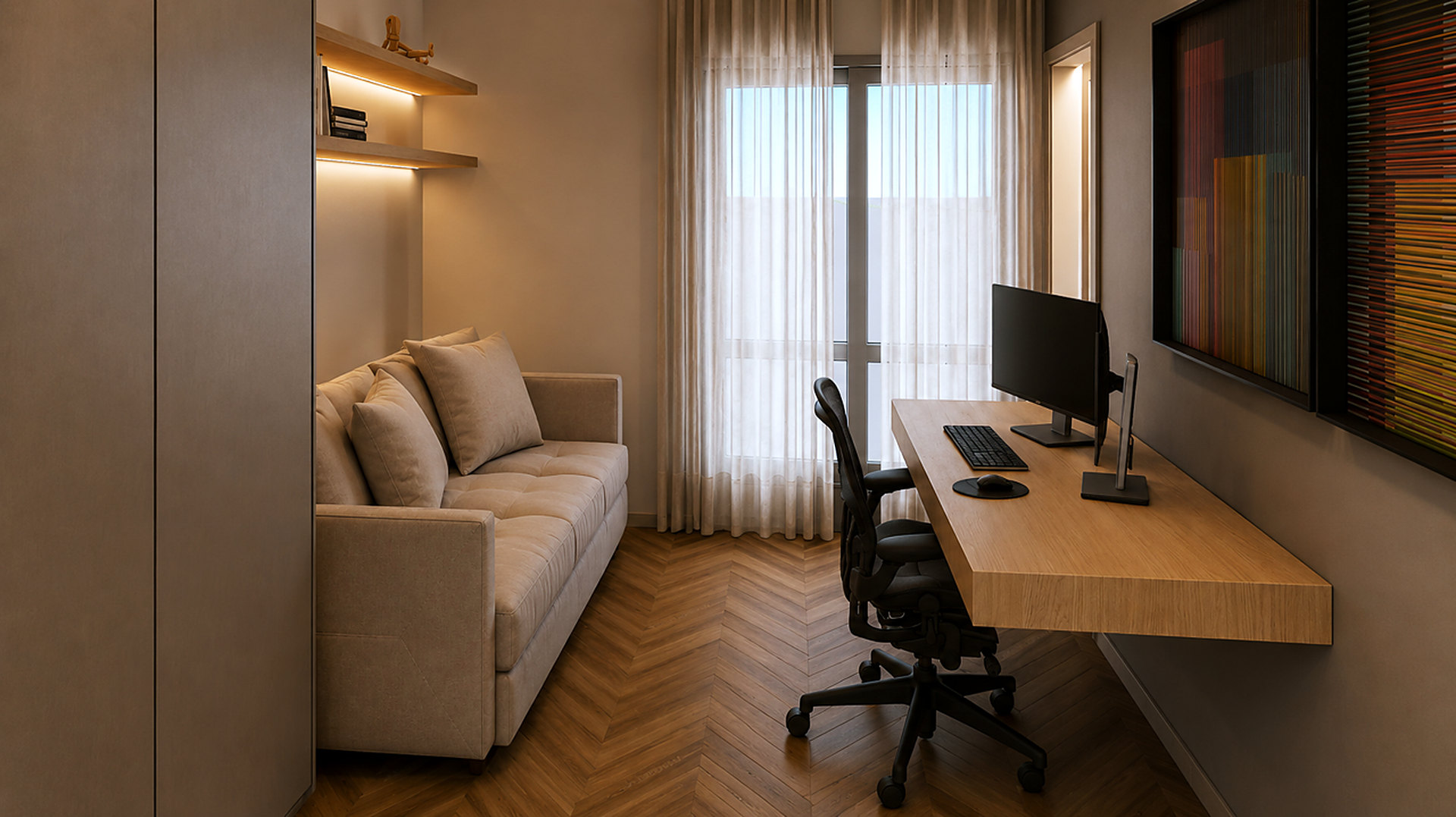Home office com bancada suspensa de madeira, sofá e prateleiras iluminadas – projeto de casa em condomínio no Alto da Boa Vista pela MWARQ