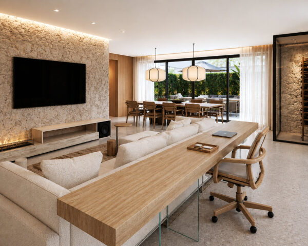 Living integrado ao jantar e ao jardim, com bancada de madeira atrás do sofá e adega envidraçada – projeto de casa em condomínio pela MWARQ