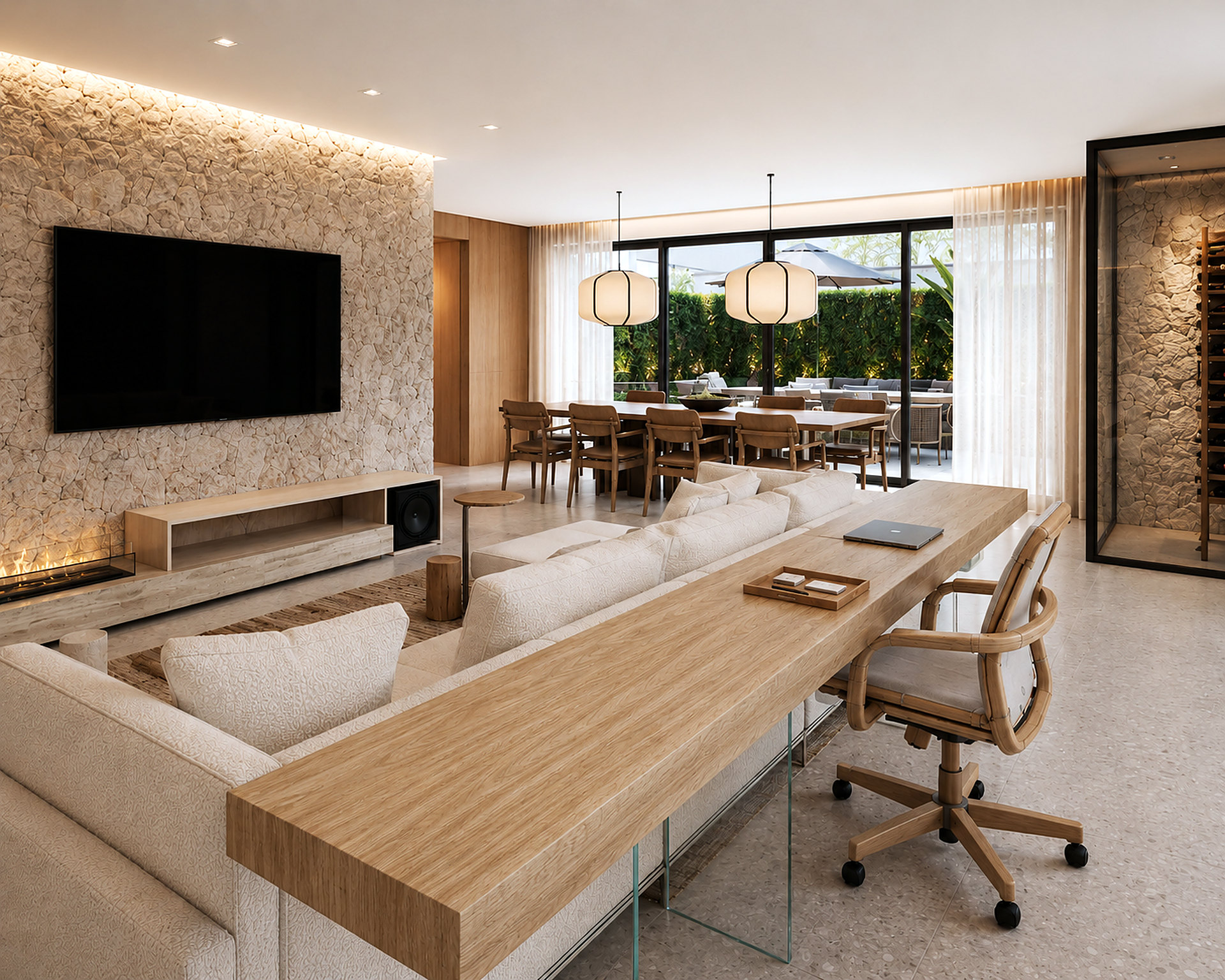 Living integrado ao jantar e ao jardim, com bancada de madeira atrás do sofá e adega envidraçada – projeto de casa em condomínio pela MWARQ