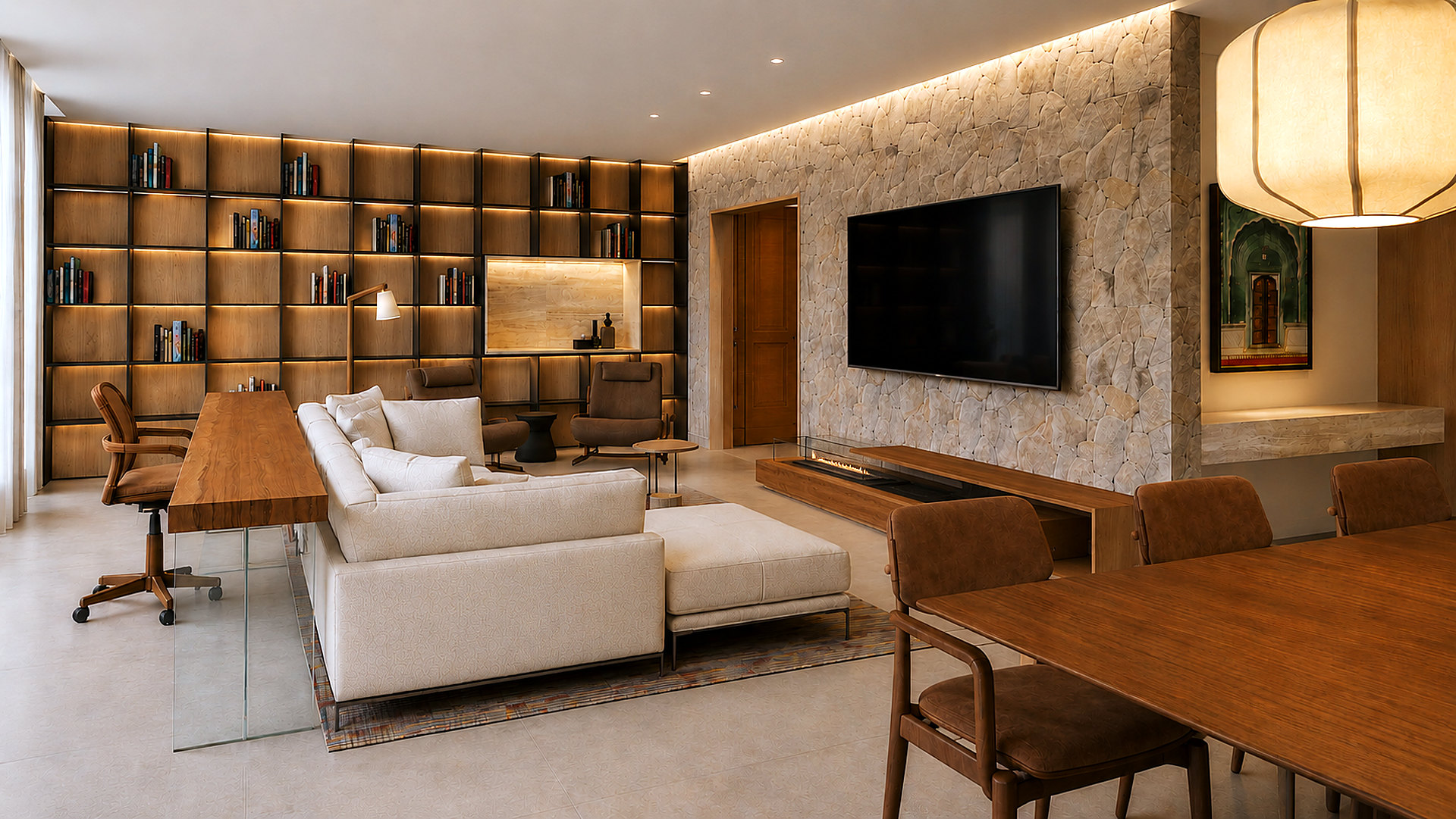 Living com estante de marcenaria iluminada, sofá e bancada de trabalho integrados – projeto de casa em condomínio no Alto da Boa Vista pela MWARQ