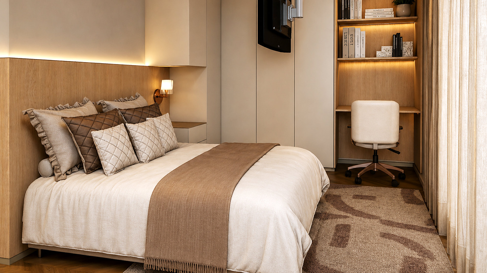 Quarto com painel de madeira na cabeceira, armários e estante iluminada – projeto de casa em condomínio no Alto da Boa Vista pela MWARQ